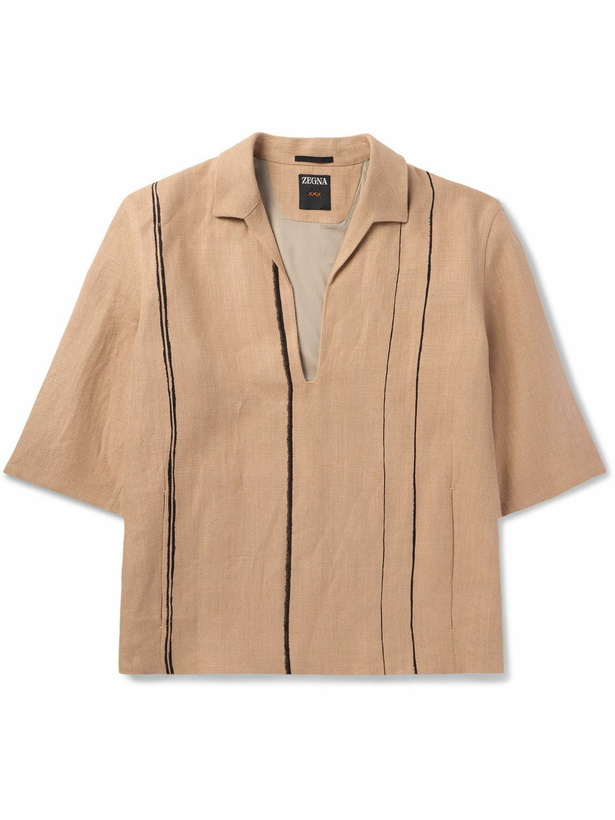 Photo: Zegna - Petra Logo-Appliquéd Striped Oasi Linen-Canvas Polo Shirt - Brown