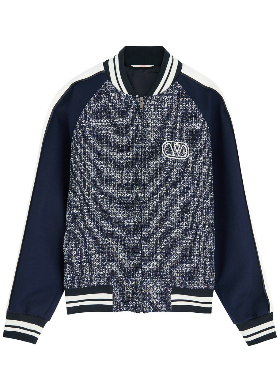Valentino Panelled Tweed Bomber Jacket Blue And White