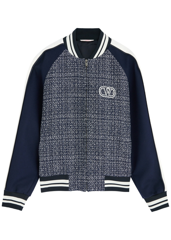 Photo: Valentino Panelled Tweed Bomber Jacket Blue And White