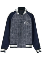 Valentino Panelled Tweed Bomber Jacket Blue And White