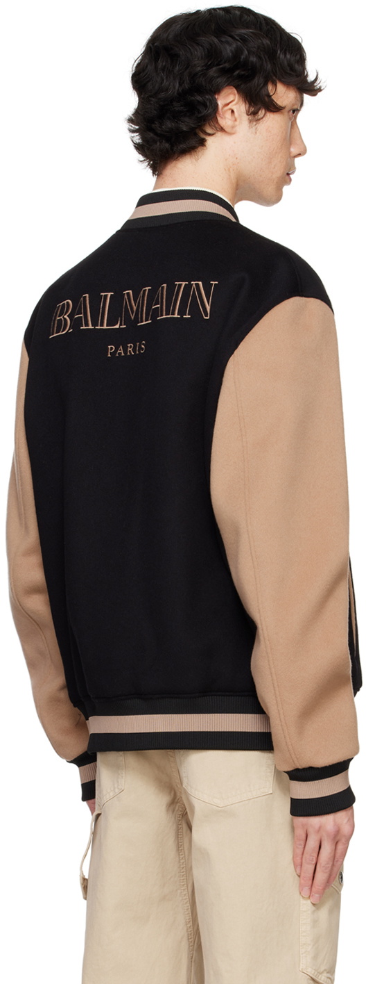 Balmain Black & Tan Two-Tone Varsity Bomber Jacket