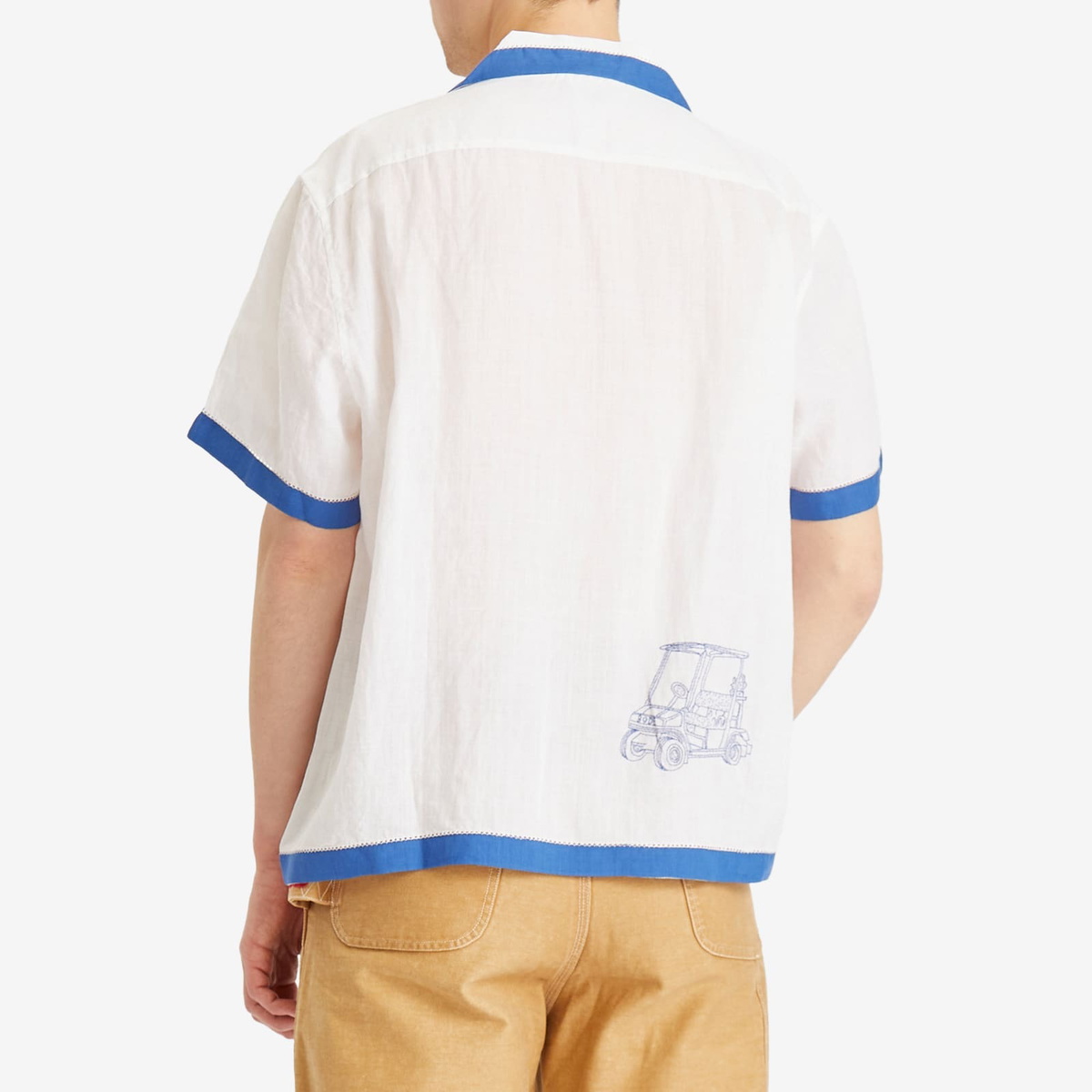 BODE Men's Club Champion Short Sleeve Shirt in White Blue