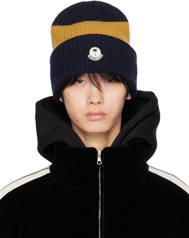 Photo: Moncler Genius Moncler x Palm Angels Navy & Yellow Beanie