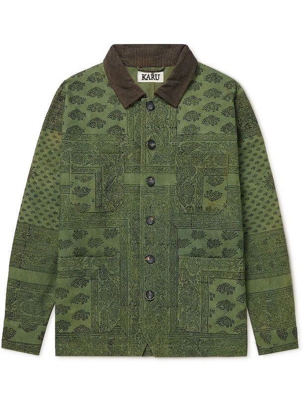 Photo: Karu Research - Corduroy-Trimmed Printed Cotton-Canvas Chore Jacket - Green