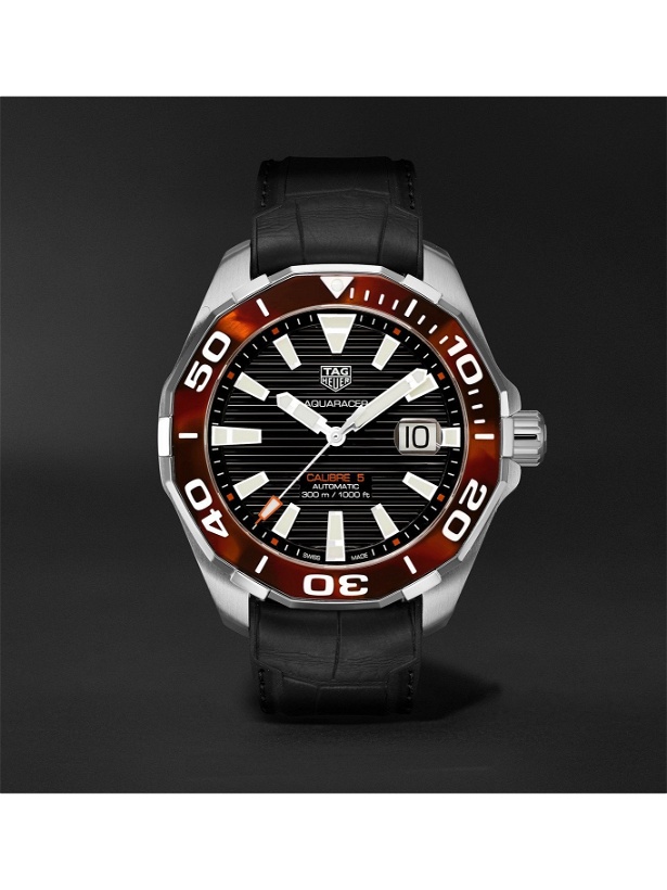 Photo: TAG Heuer - Aquaracer Automatic 43mm Stainless Steel and Croc-Effect Rubber Watch, Ref. No. WAY201N.FT6177 - Black