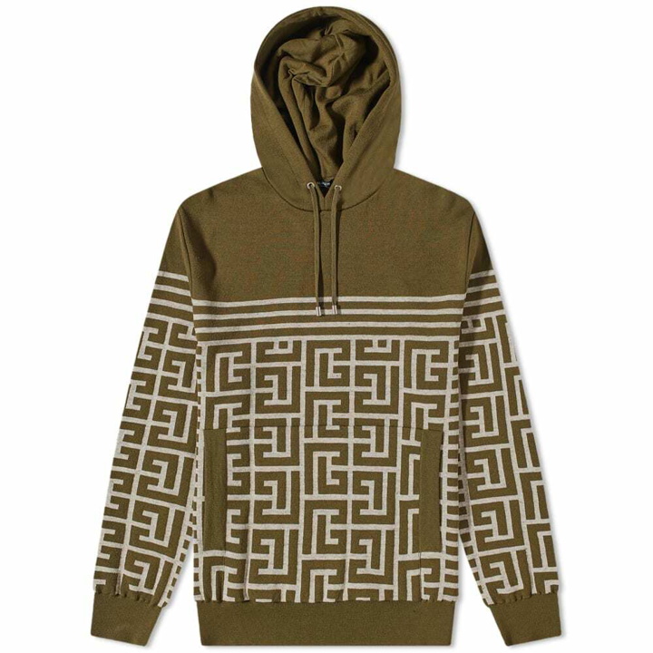 Photo: Balmain Men's Monogram Stripe Knit Hoody in Khaki/Ivory