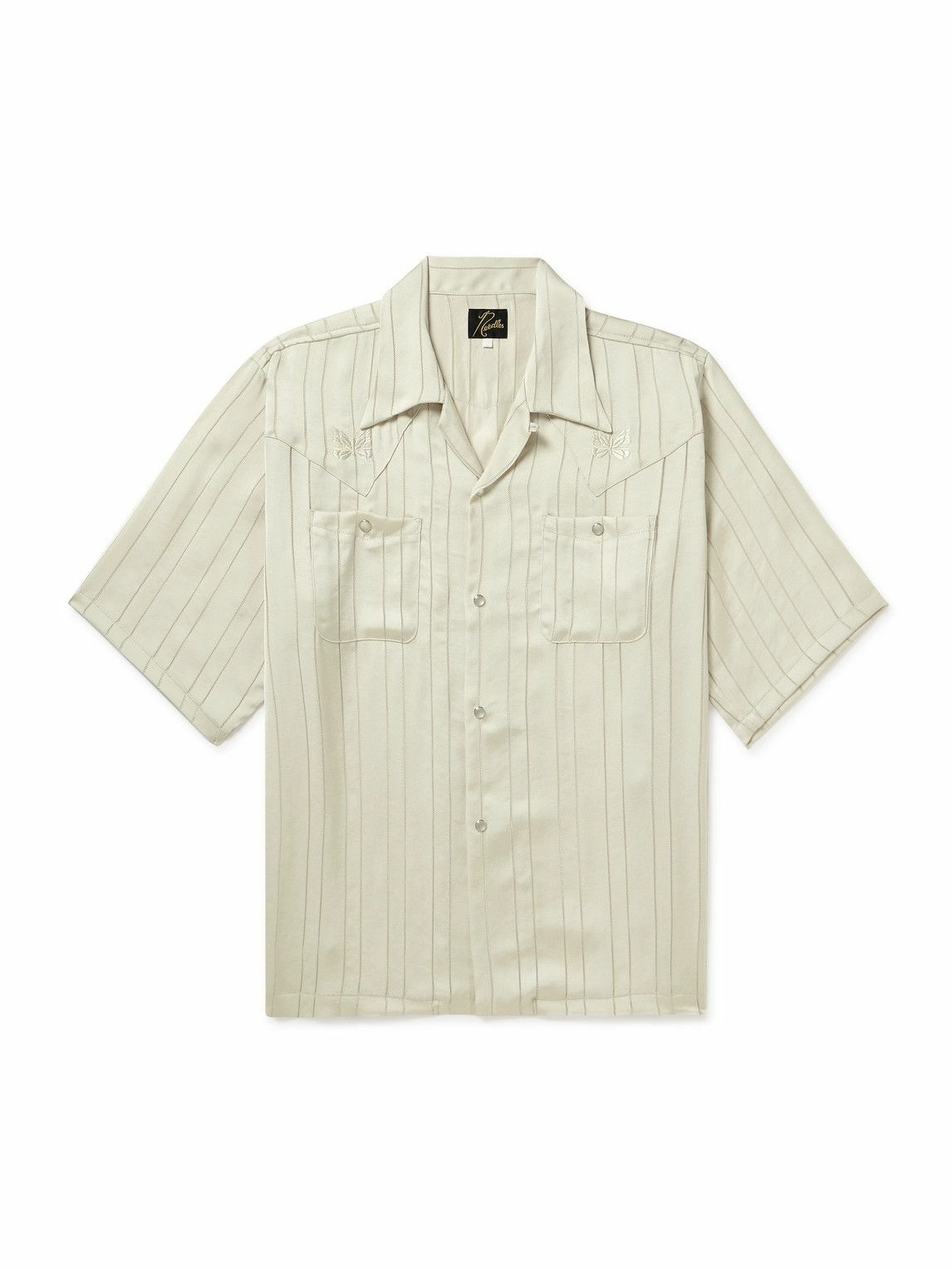 Photo: Needles - Camp-Collar Logo-Embroidered Striped Georgette Western Shirt - Neutrals