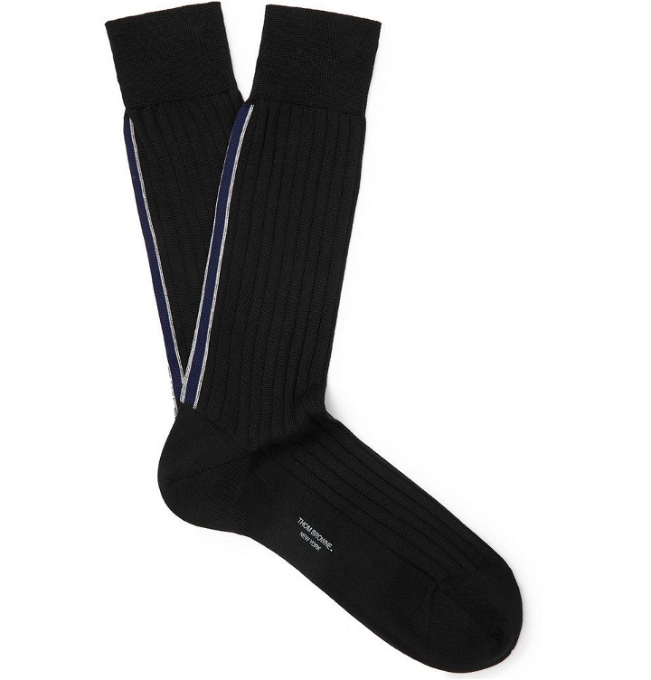 Photo: Thom Browne - Striped Ribbed Cotton Socks - Black