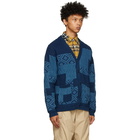 BEAMS PLUS Blue Jacquard Patchwork Cardigan