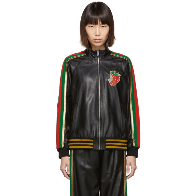 Photo: Gucci Black Leather Strawberry Patch Track Jacket