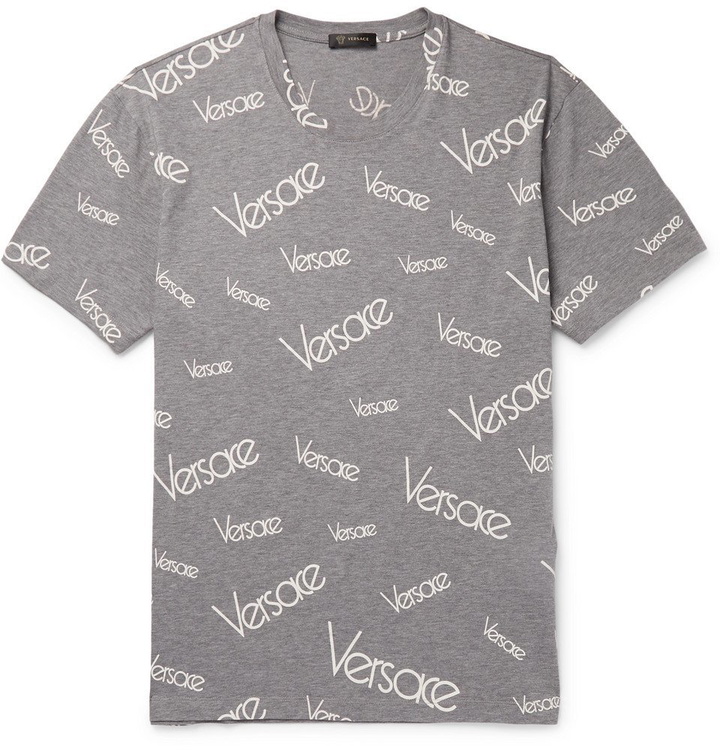 Photo: Versace - Slim-Fit Logo-Print Mélange Cotton-Jersey T-Shirt - Gray