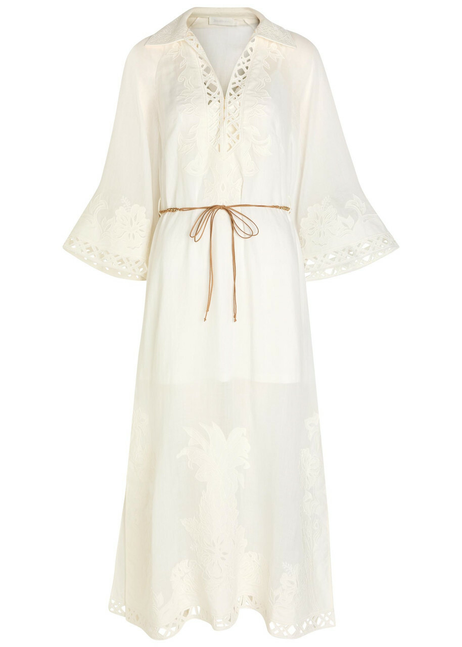 Zimmermann Indra Embroidered Belted Ramie Maxi Dress Ivory