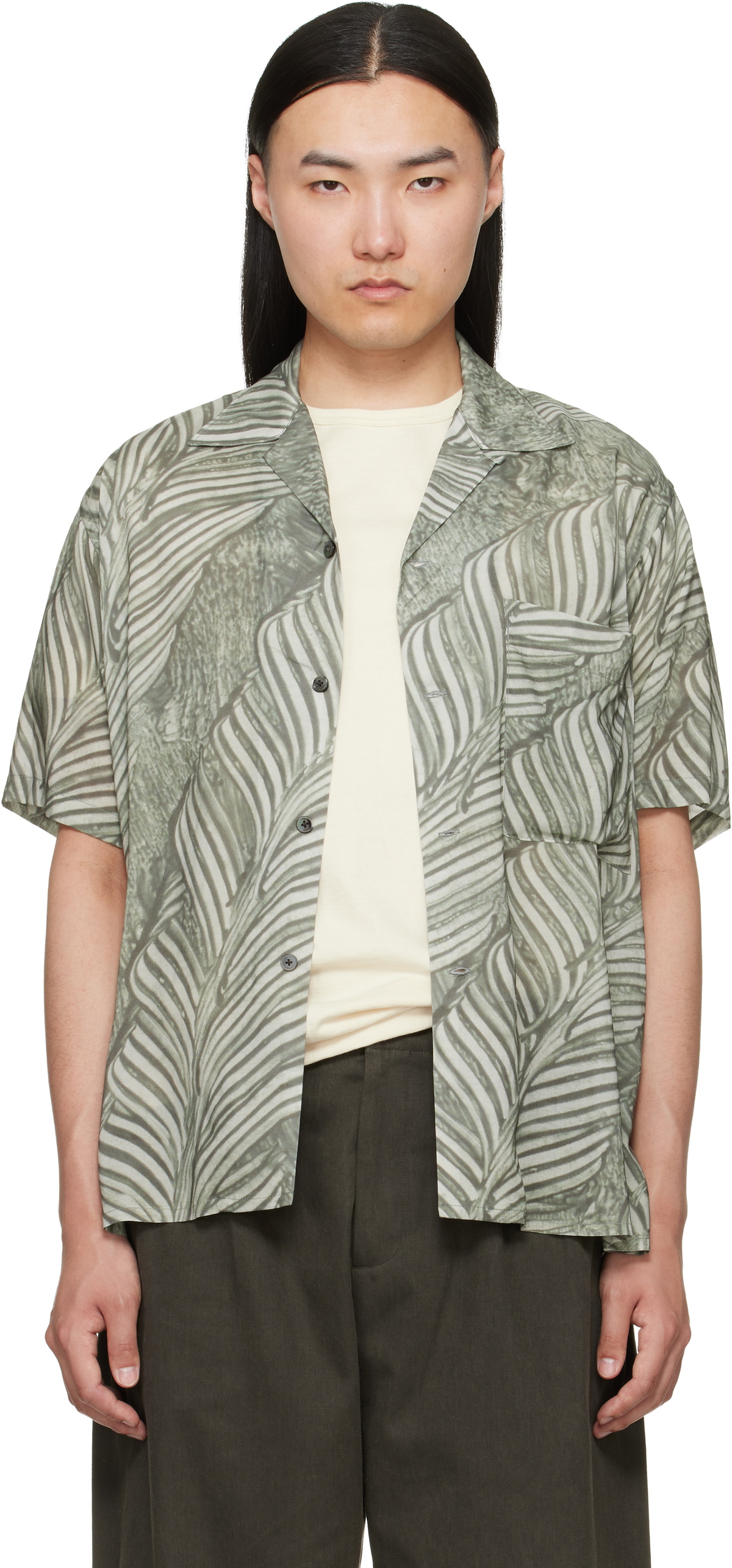 YOKE Green Leaf Pattern Printed Rayon Open Collar Shirt