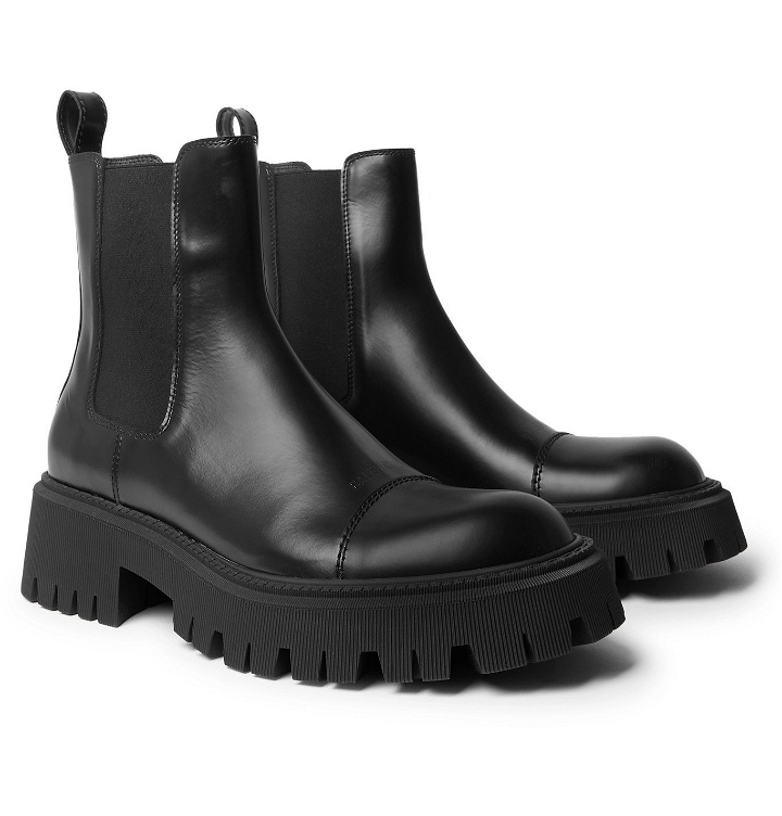 Photo: BALENCIAGA - Tractor Logo-Debossed Leather Chelsea Boots - Black
