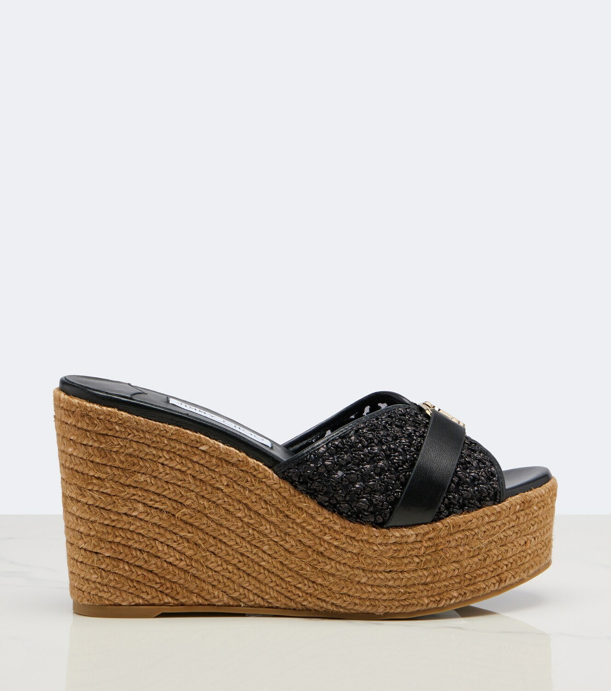 Jimmy Choo Leda leather-trimmed raffia wedge mules