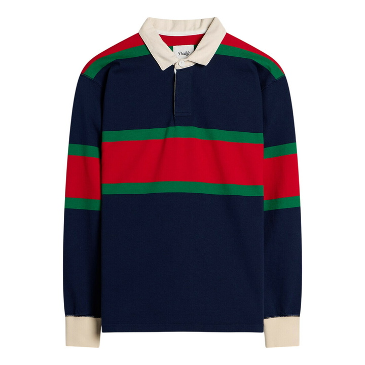 Photo: Drake's Men's Middle Stripe Rugby Shirt in Navy/Red/Green