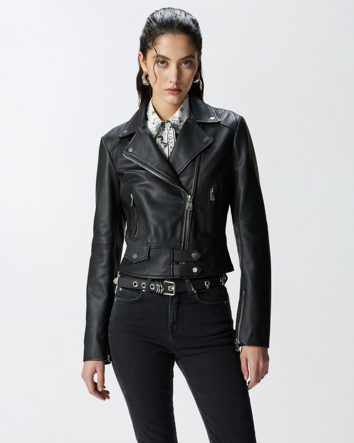 Pinko Short Zipped Nappa Leather Biker Jacket Limo Black