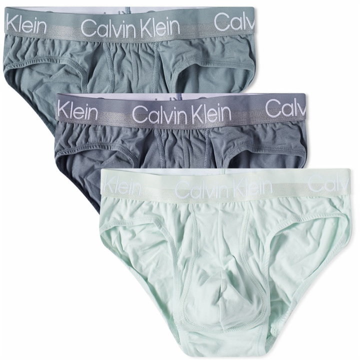 Photo: Calvin Klein Men's Hip Brief - 3 Pack in Blue/Grey/Dragon Fly