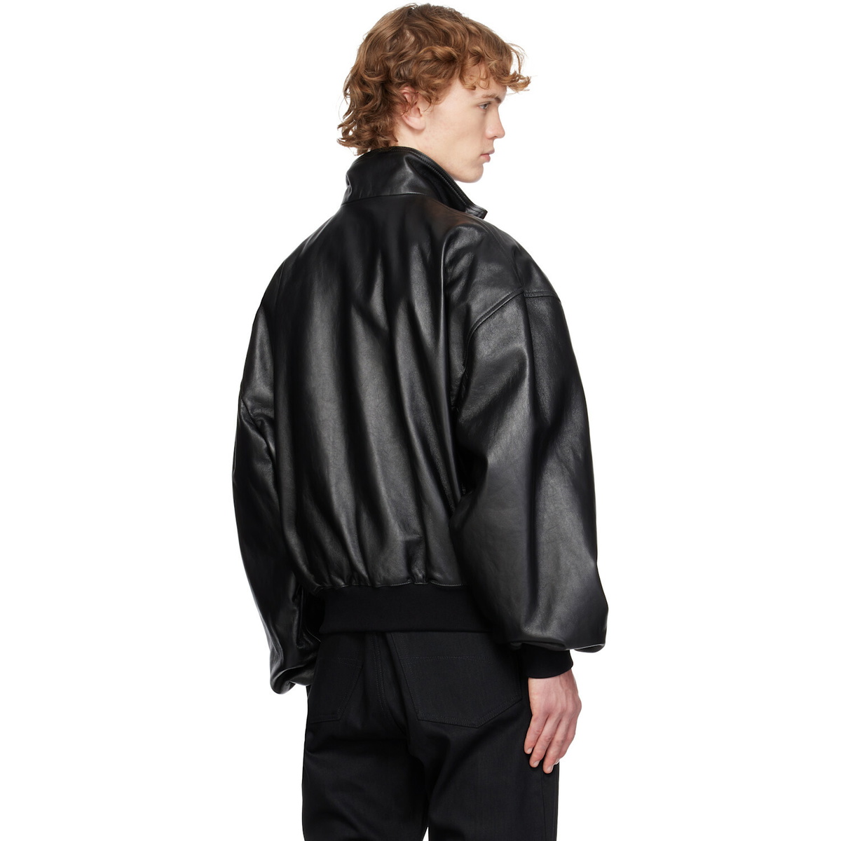 Balenciaga Black Smooth Semi Grainy Leather Bomber Jacket