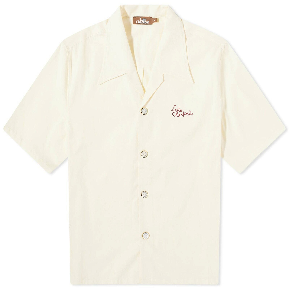 Photo: Late Checkout Embroidered Vacation Shirt in Vanilla