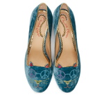 Charlotte Olympia Blue Velvet Peaceful Kitty Loafers