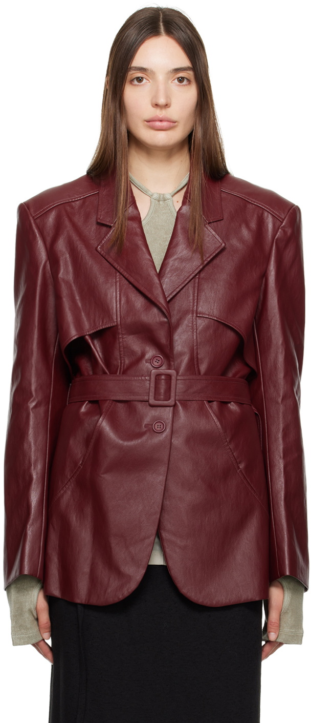 Kijun Burgundy Belted Faux-Leather Blazer Kijun