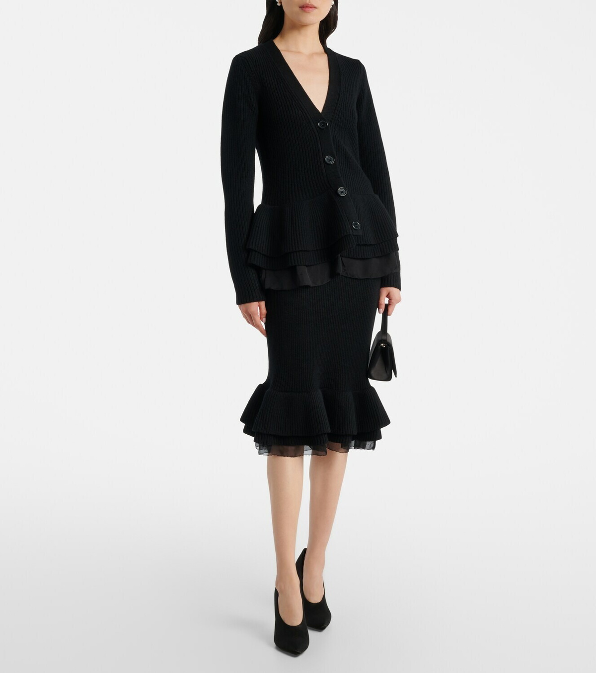 Nina Ricci Ruffled silk-trimmed wool cardigan
