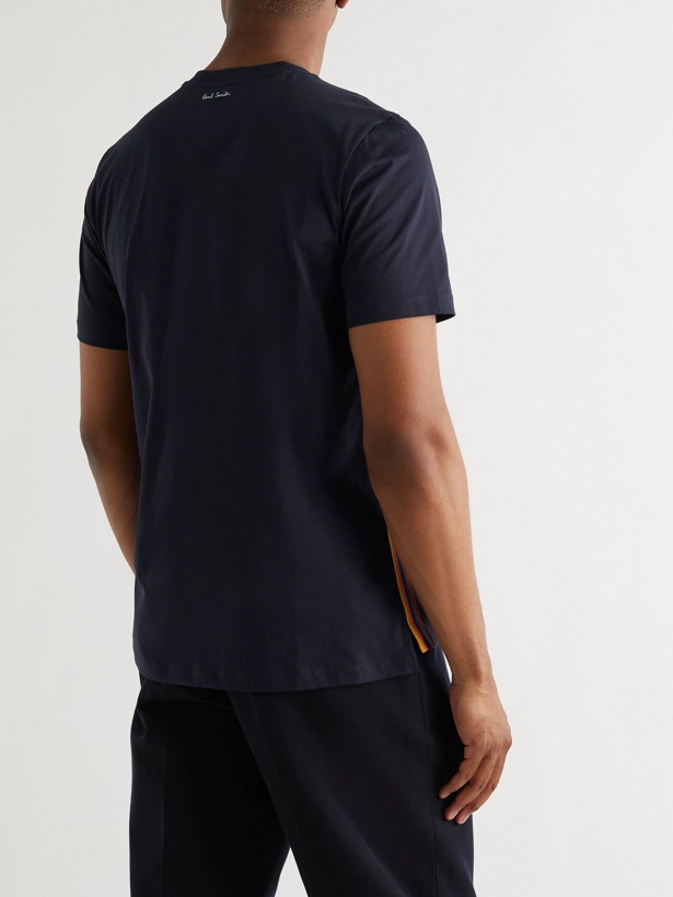 Photo: PAUL SMITH - Striped Webbing-Trimmed Cotton-Jersey T-Shirt - Blue