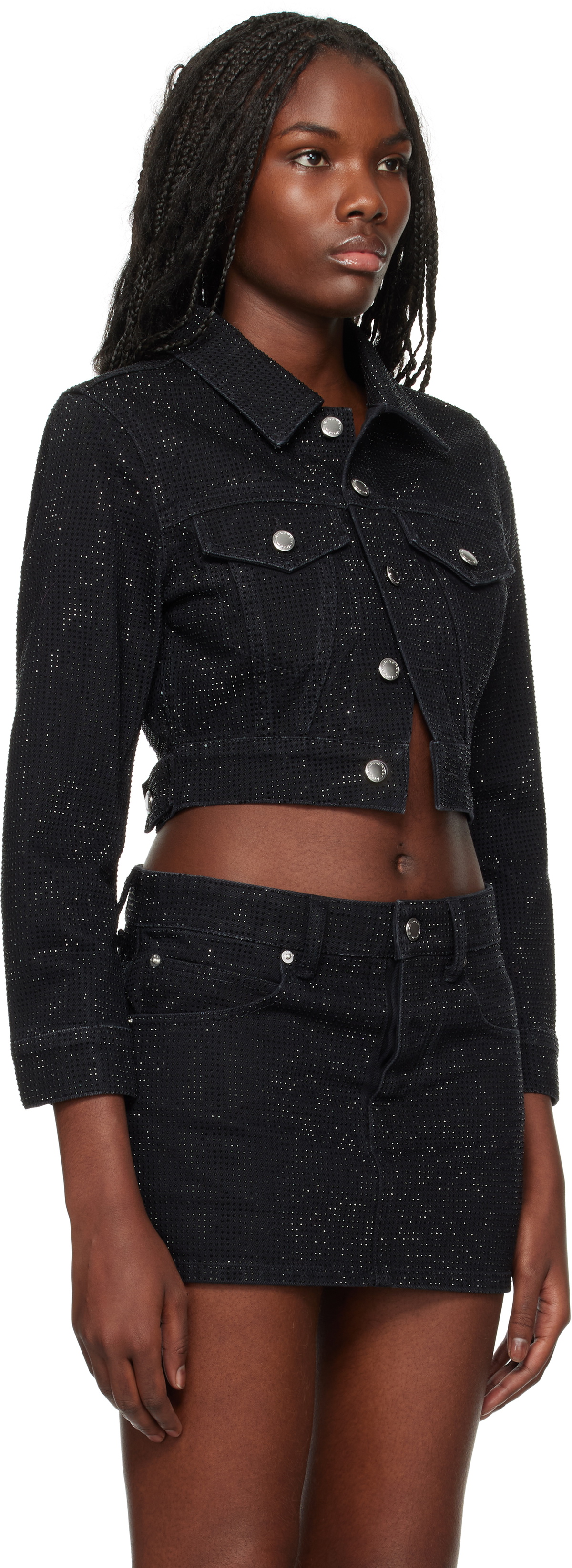 Alexander Wang Black Shrunken Crystal Hotfix Denim Jacket
