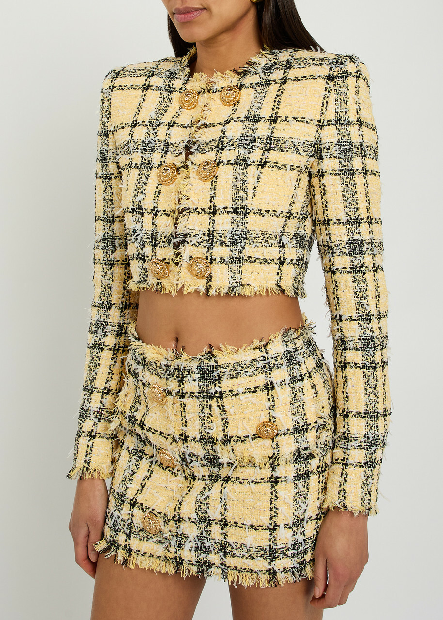 Balmain Checked Tweed Cropped Jacket Multicoloured