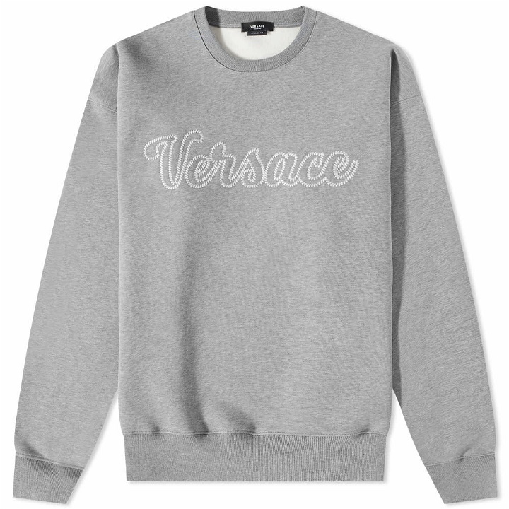 Photo: Versace Men's Embroidered Varsity Logo Crew Sweat in Grey/White