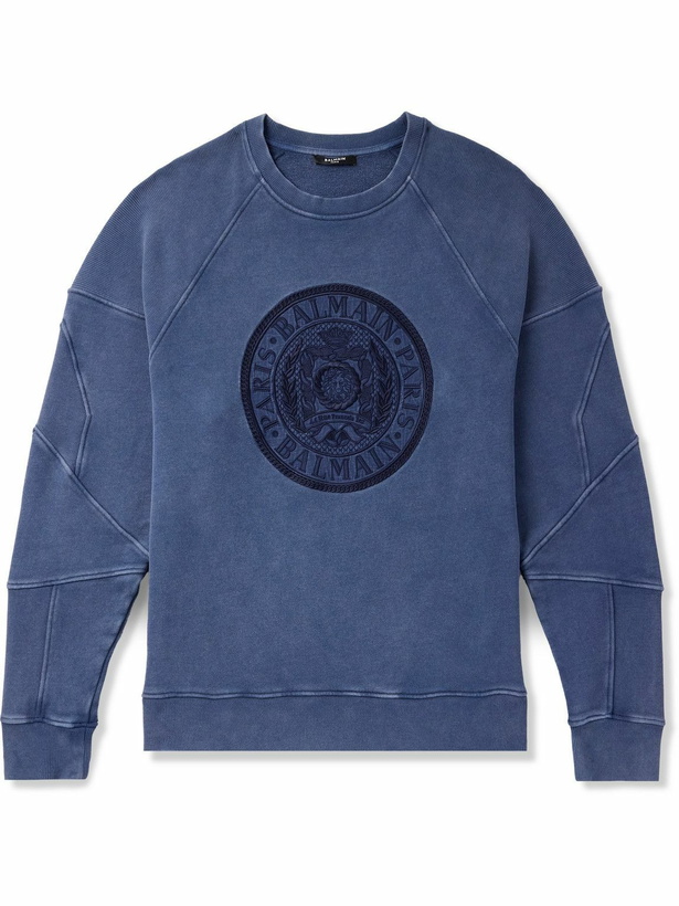 Photo: Balmain - Logo-Embroidered Cotton-Jersey Sweatshirt - Blue