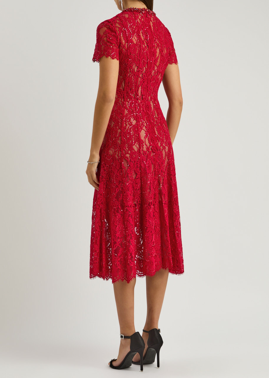 Self-portrait Embellished Lace Midi Dress Red