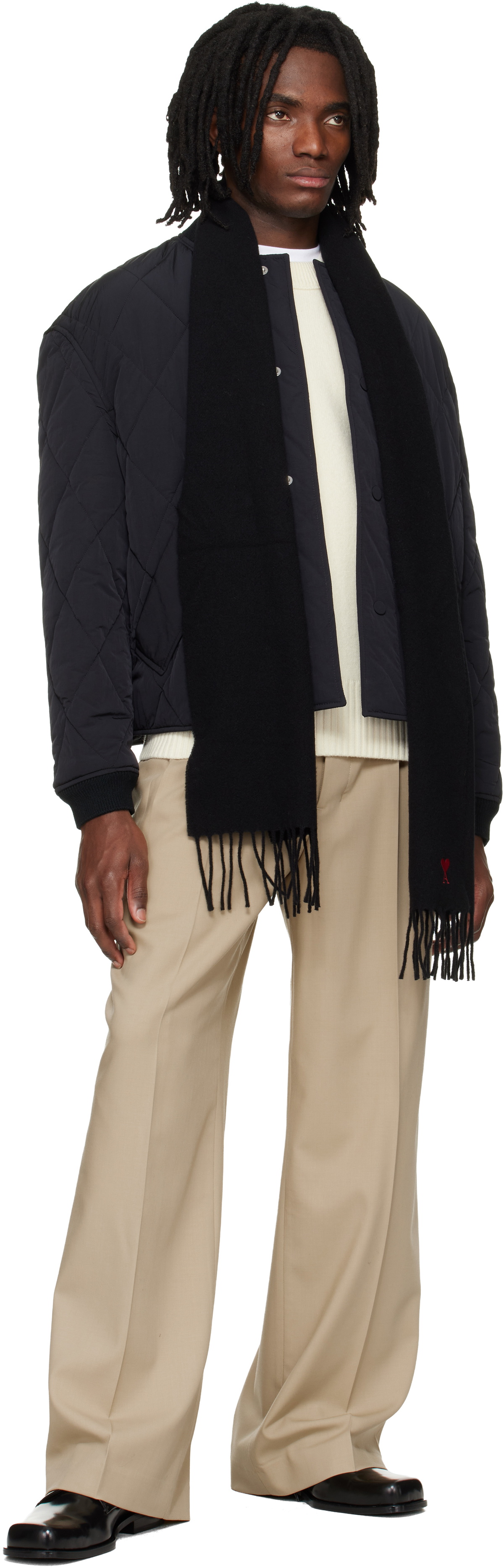 AMI Paris Black Wool Ami de Coeur Scarf