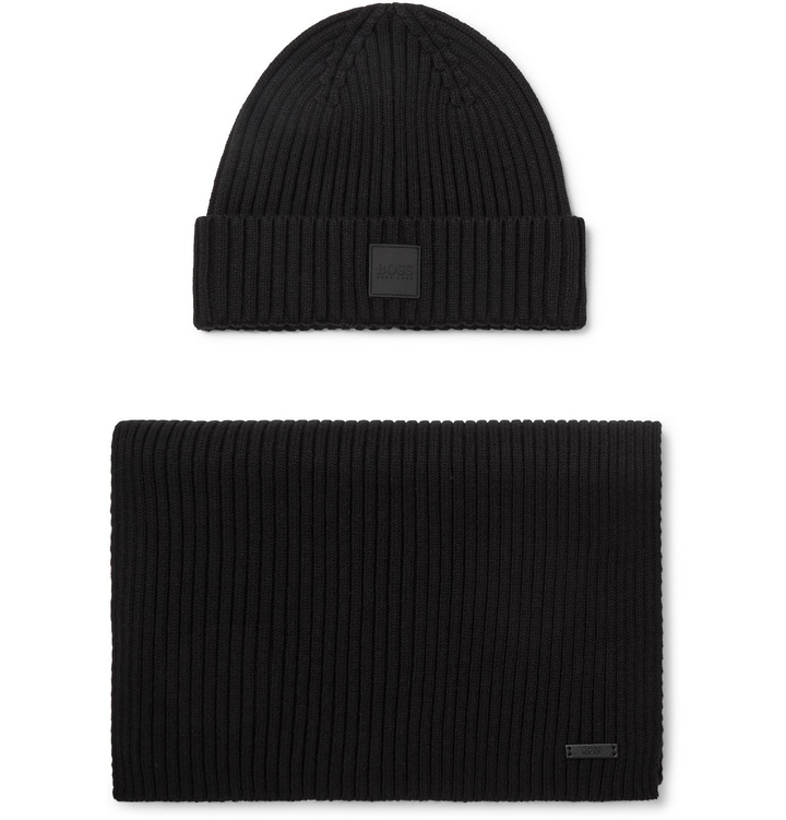 Photo: Hugo Boss - Ribbed Cotton and Wool-Blend Beanie and Scarf Set - Black