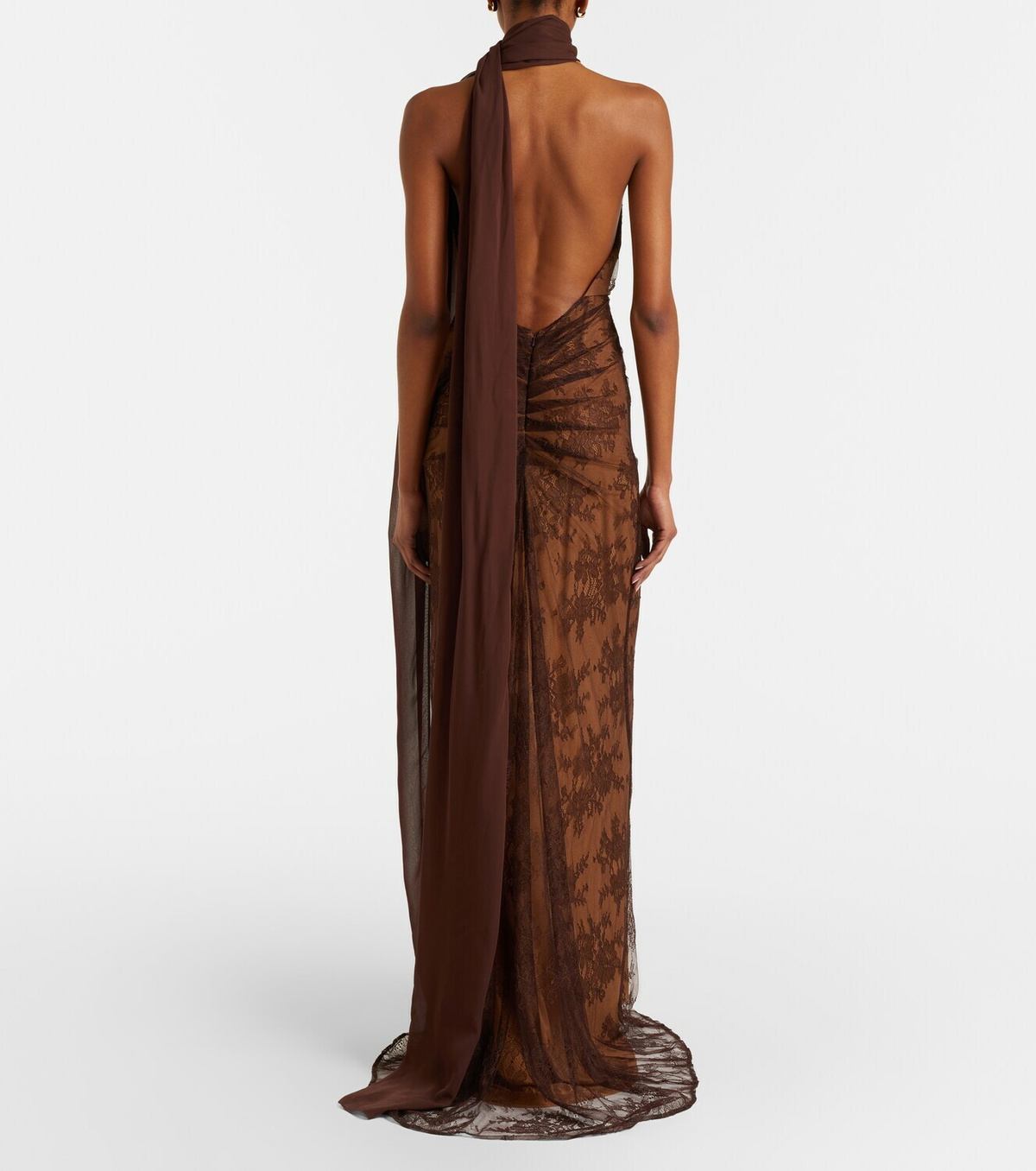De La Vali Amora scarf-detail ruched lace maxi dress