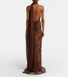 De La Vali Amora scarf-detail ruched lace maxi dress
