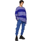 Juun.J Blue and White Block Striped Long Sleeve T-Shirt