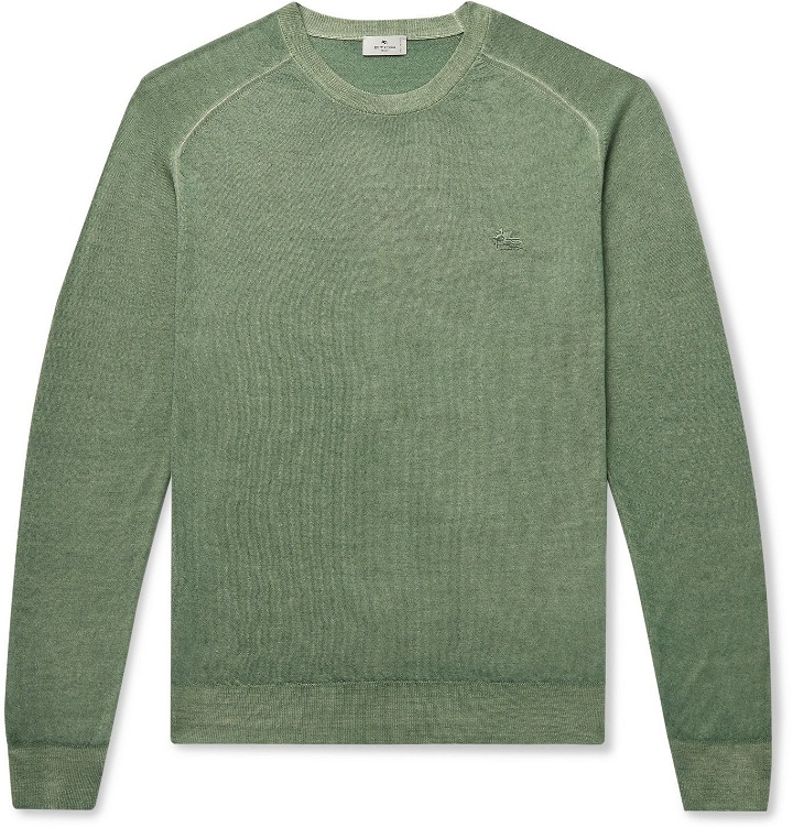 Photo: ETRO - Slim-Fit Logo-Embroidered Mélange Wool Sweater - Green