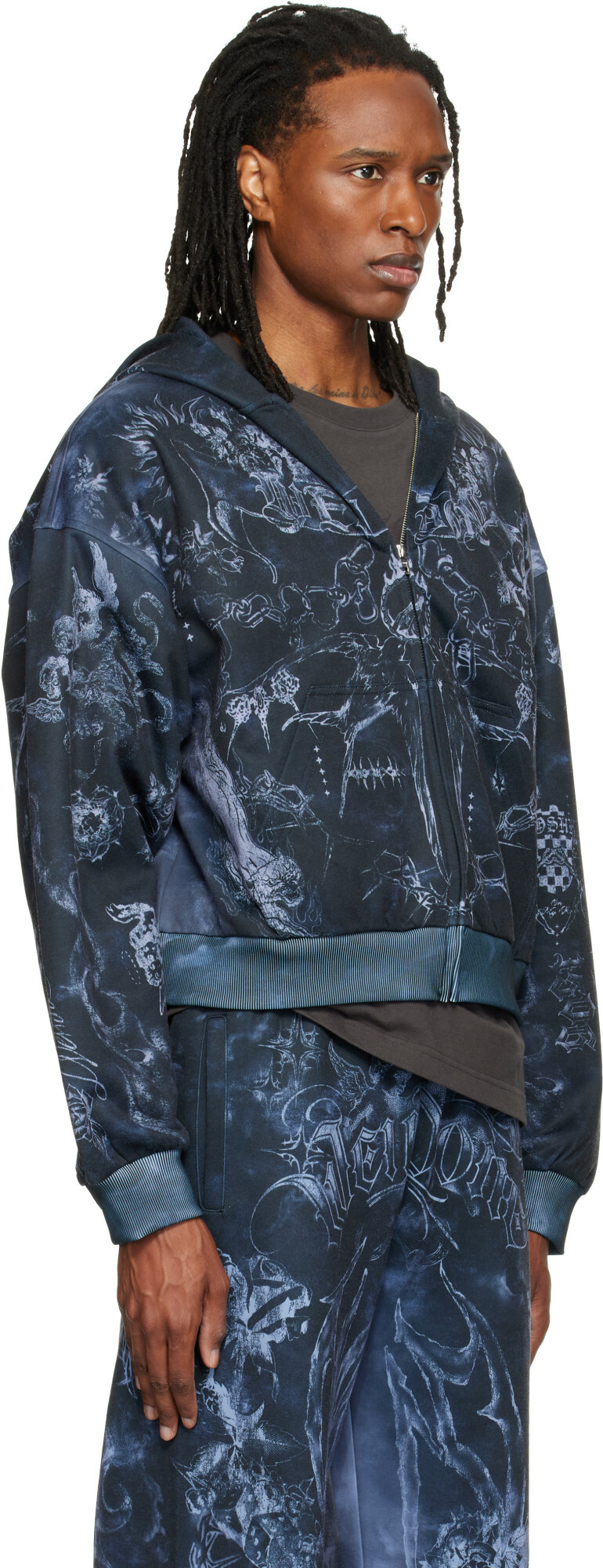 We11done Gray Tattoo Printed Zip-Up Hoodie