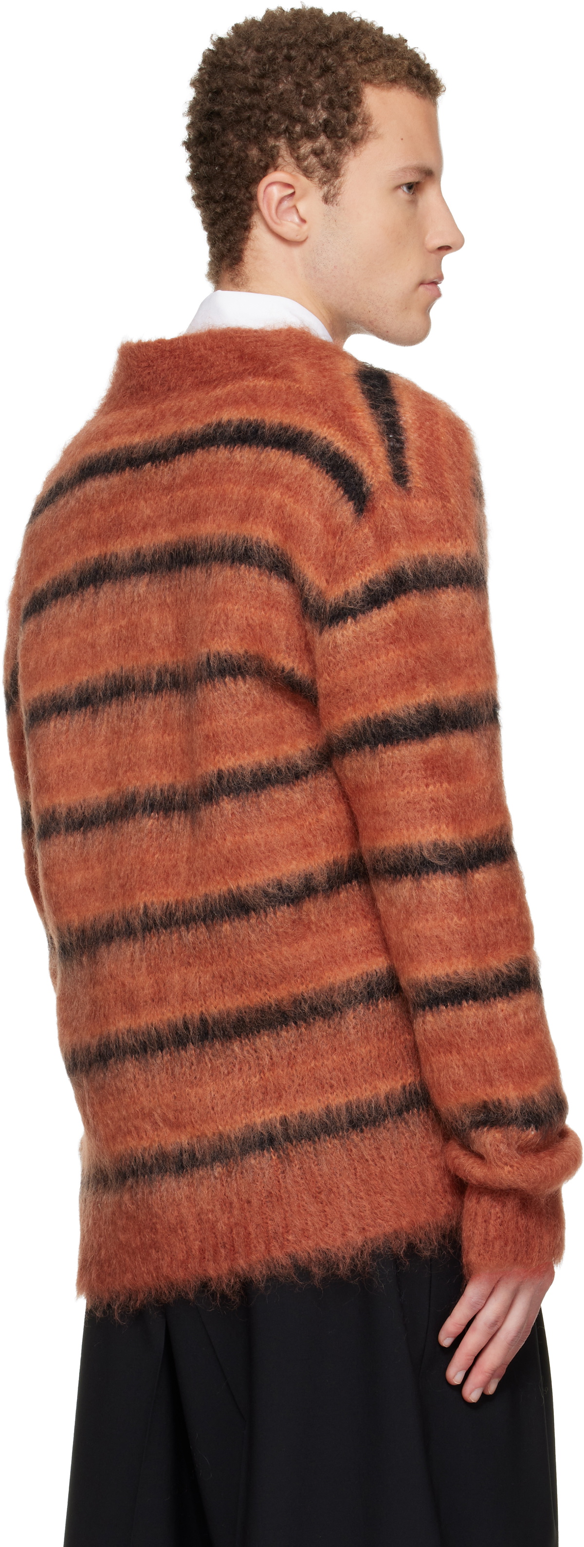 Marni Red & Black Fuzzy Wuzzy Stripe V-Neck Cardigan