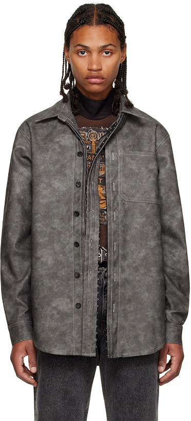 Photo: Y/Project Gray Hook-Eye Faux-Leather Shirt