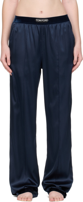 Photo: TOM FORD Navy Stretch Silk Satin Lounge Pants