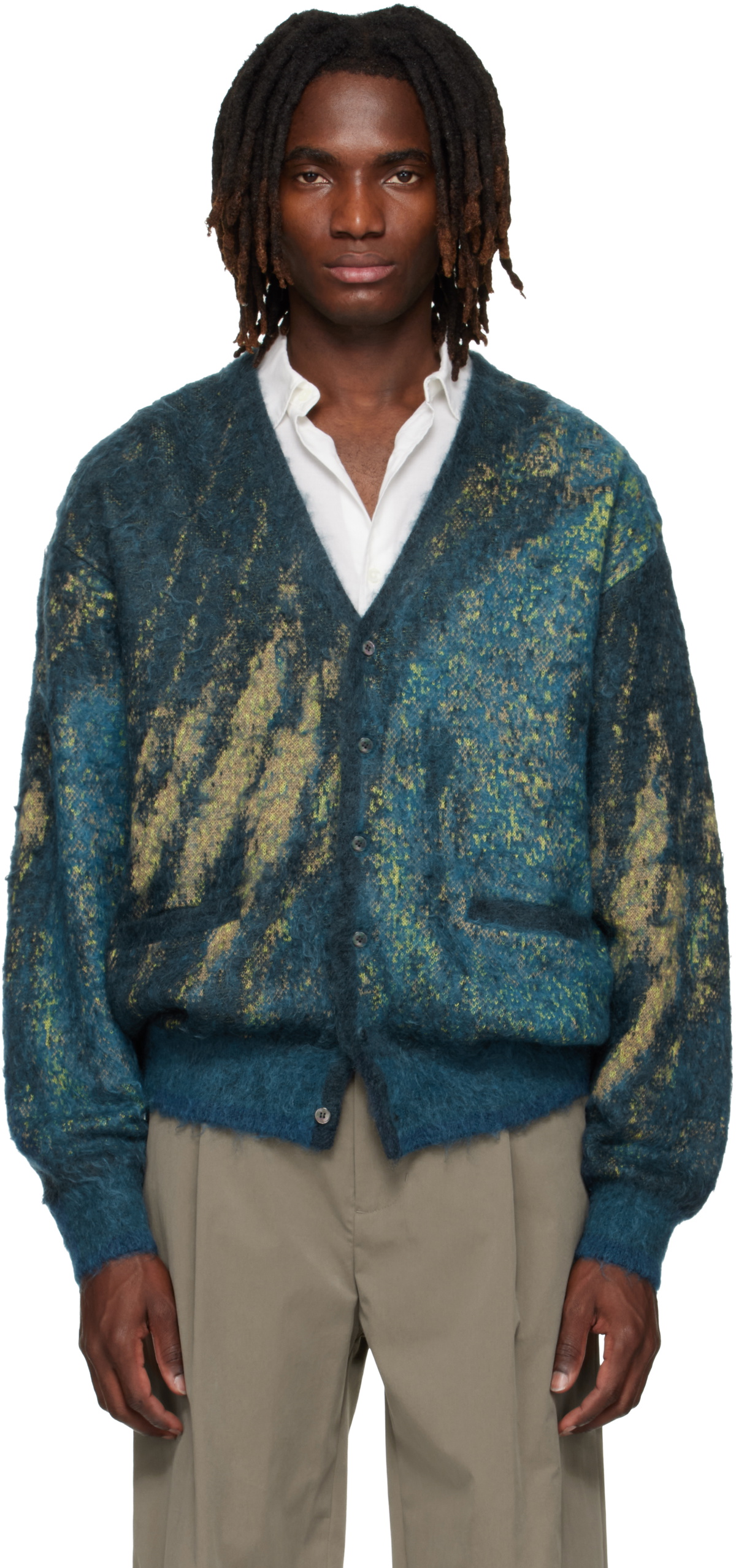 YOKE Blue & Green Abstract Jacquard Mohair Cardigan