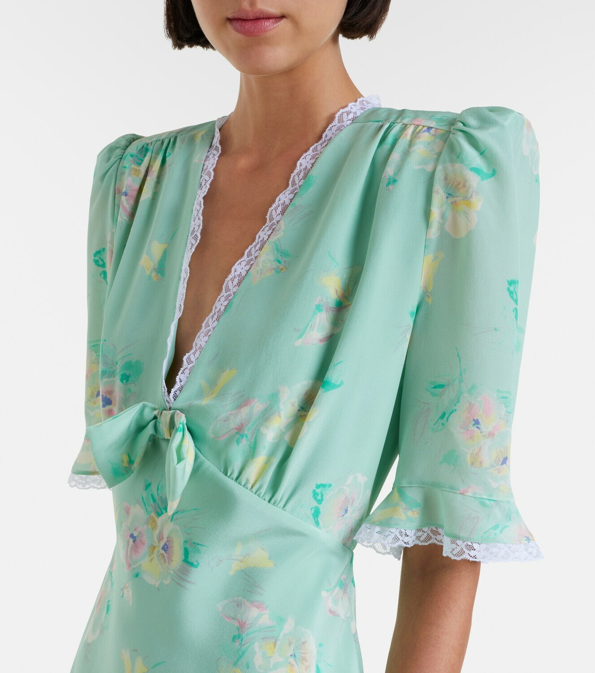 Alessandra Rich Lace-trimmed floral silk minidress