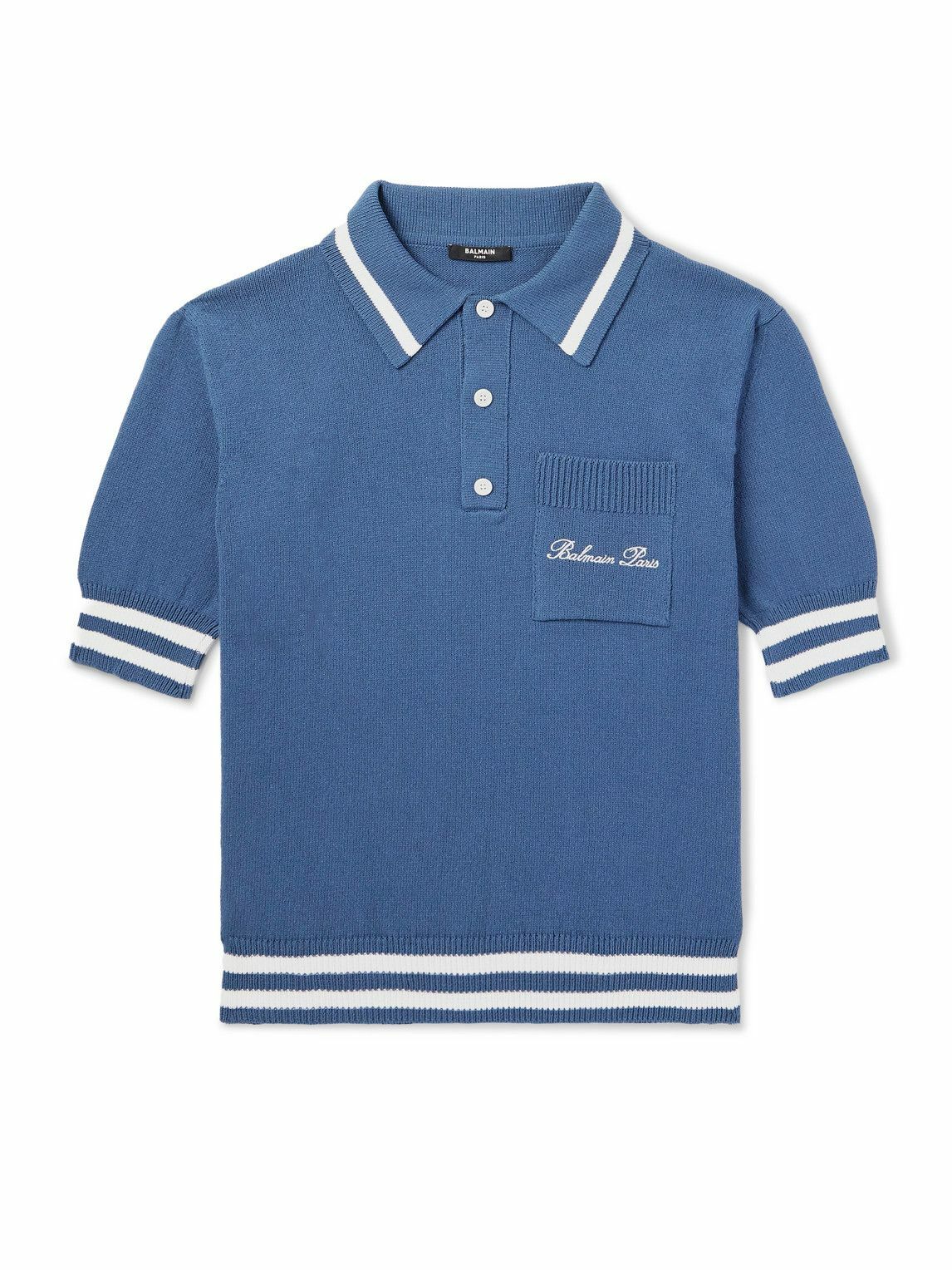 Balmain - Logo-Embroidered Striped Knitted Polo Shirt - Blue