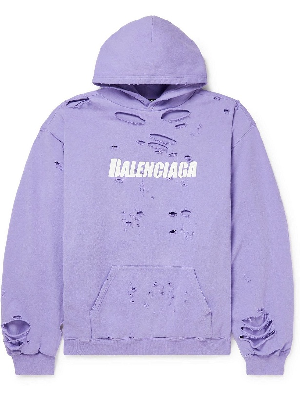 Photo: Balenciaga - Oversized Distressed Logo-Print Cotton-Jersey Hoodie - Purple