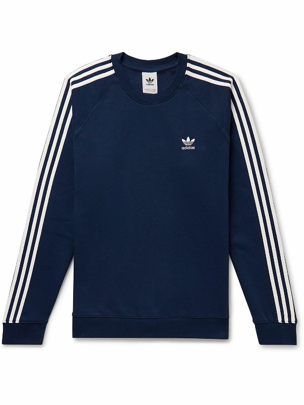 Photo: adidas Originals - Logo-Embroidered Striped Cotton-Blend Jersey Sweatshirt - Blue