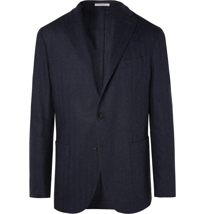 Photo: Boglioli - Navy K-Jacket Slim-Fit Unstructured Herringbone Virgin Wool-Blend Suit Jacket - Blue