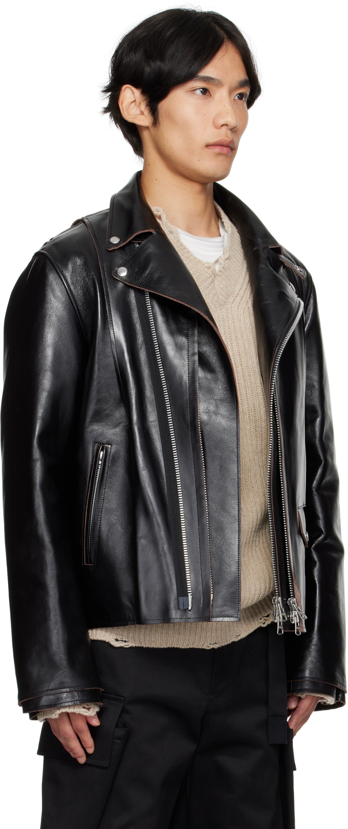 sacai Black Zip Leather Jacket Sacai